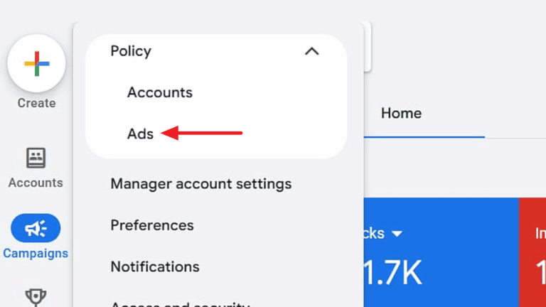 Screenshot of Google Ads Policy menu showing Accounts, Ads, Manager account settings, Preferences, and Notifications options with a red arrow pointing to the Ads section.
