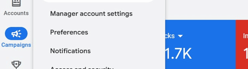 Screenshot of Google Ads Policy menu showing Accounts, Ads, Manager account settings, Preferences, and Notifications options with a red arrow pointing to the Ads section.