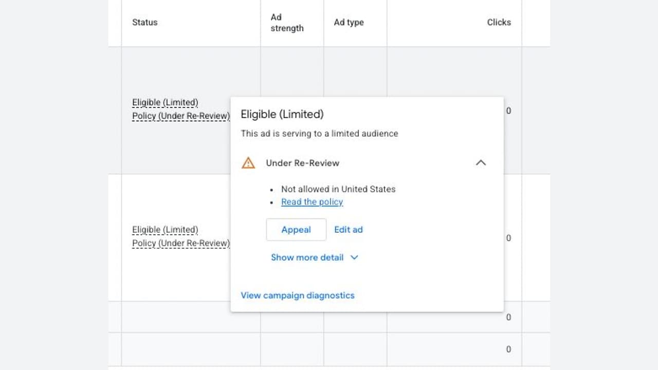Google Ads Shows Under Re-Review Policy Status