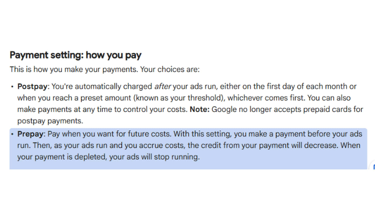 Screenshot showing Google Ads payment settings explaining the difference between Postpay and Prepay payment options for running advertisements
