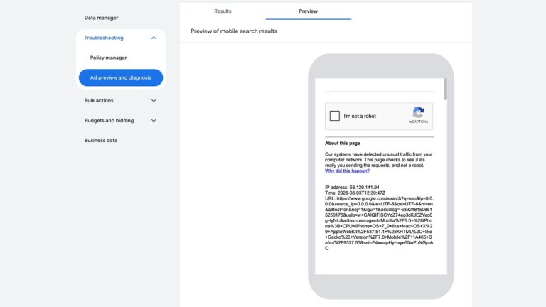 A Google Ads interface shows a mobile preview of a reCAPTCHA page warning about unusual traffic, with a sidebar menu including options like Troubleshooting and Ad preview and diagnosis.