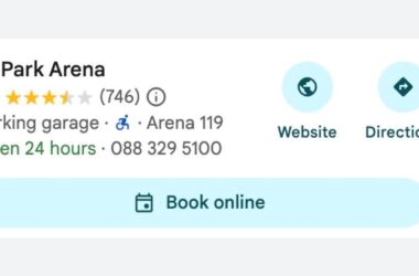 Q-Park Arena listing shows 3.5-star rating (746 reviews), address Arena 119, open 24 hours, phone number 088 329 5100, accessibility icon, and options for website, directions, and online booking.
