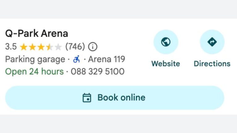 Q-Park Arena listing shows 3.5-star rating (746 reviews), address Arena 119, open 24 hours, phone number 088 329 5100, accessibility icon, and options for website, directions, and online booking.