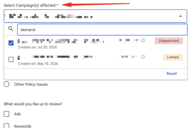 Screenshot of Google Ads support form showing campaign selection dropdown with search field and two campaign options, one marked as Disapproved from July 2026 and another marked as Limited from May 2026, with checkboxes below for selecting Ads or Keywords to review.