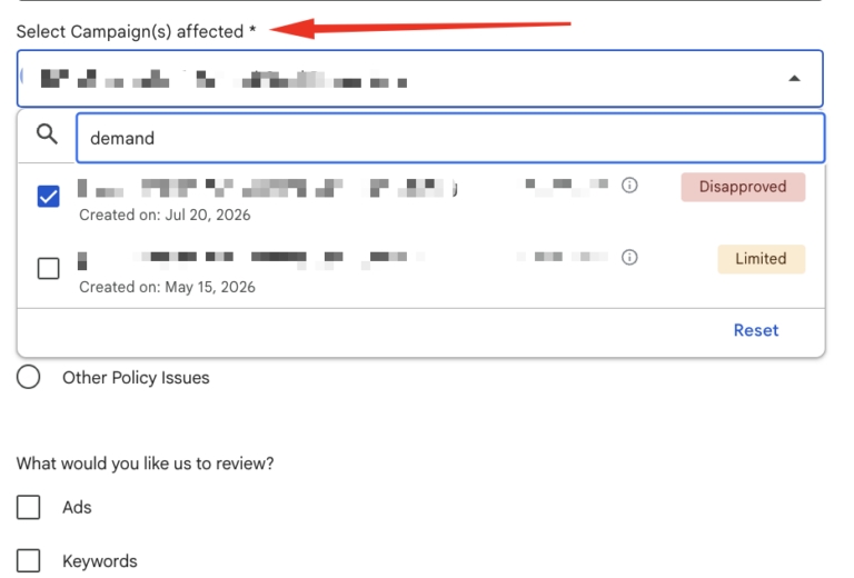 Screenshot of Google Ads support form showing campaign selection dropdown with search field and two campaign options, one marked as Disapproved from July 2026 and another marked as Limited from May 2026, with checkboxes below for selecting Ads or Keywords to review.