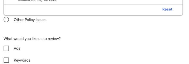Screenshot of Google Ads support form showing campaign selection dropdown with search field and two campaign options, one marked as Disapproved from July 2026 and another marked as Limited from May 2026, with checkboxes below for selecting Ads or Keywords to review.