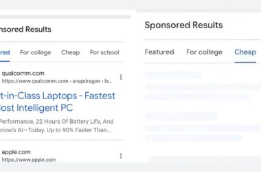 A search results page showing sponsored results for laptops, with tabs for “Featured,” “For college,” “Cheap,” and “For school.” Listings from Qualcomm and Apple are visible.
