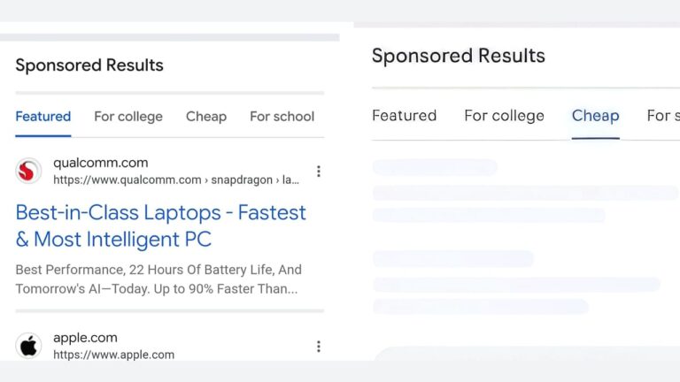A search results page showing sponsored results for laptops, with tabs for “Featured,” “For college,” “Cheap,” and “For school.” Listings from Qualcomm and Apple are visible.