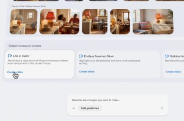 Google Ads video creation interface showing three template options: Life in Color, Endless Summer Glow, and Golden Hour, with preview images of warm-lit interior scenes and Create video buttons for each template.