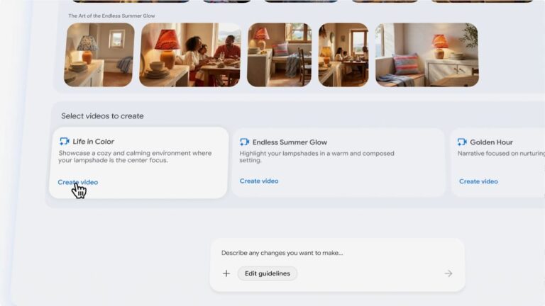 Google Ads video creation interface showing three template options: Life in Color, Endless Summer Glow, and Golden Hour, with preview images of warm-lit interior scenes and Create video buttons for each template.