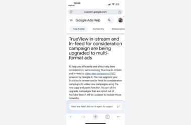 A phone screen shows a Google Ads Help page about TrueView in-stream and in-feed ads being upgraded to multi-format ads, with text explaining the update and a visible search bar at the bottom.