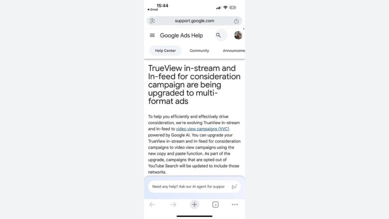 A phone screen shows a Google Ads Help page about TrueView in-stream and in-feed ads being upgraded to multi-format ads, with text explaining the update and a visible search bar at the bottom.