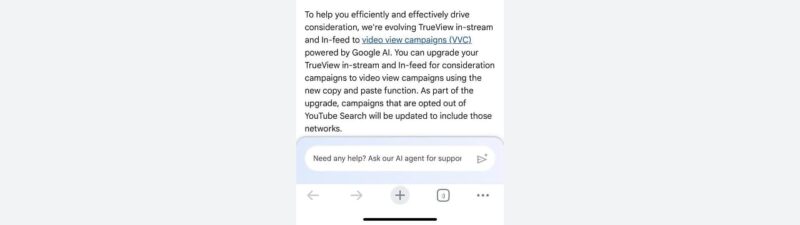 A phone screen shows a Google Ads Help page about TrueView in-stream and in-feed ads being upgraded to multi-format ads, with text explaining the update and a visible search bar at the bottom.