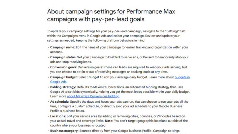 Screenshot of Google Ads documentation showing campaign settings options for Performance Max campaigns with pay-per-lead goals including campaign name, status, conversion goals, budget, bidding strategy, ad schedule, locations, and business category