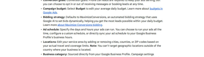 Screenshot of Google Ads documentation showing campaign settings options for Performance Max campaigns with pay-per-lead goals including campaign name, status, conversion goals, budget, bidding strategy, ad schedule, locations, and business category