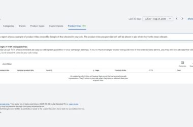 Screenshot of a Google Ads interface showing a “Products” tab with product title, item ID, and metrics like clicks, CTR, and CPC, along with guidelines for editing ad product titles and filters for the data.