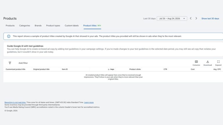 Screenshot of a Google Ads interface showing a “Products” tab with product title, item ID, and metrics like clicks, CTR, and CPC, along with guidelines for editing ad product titles and filters for the data.