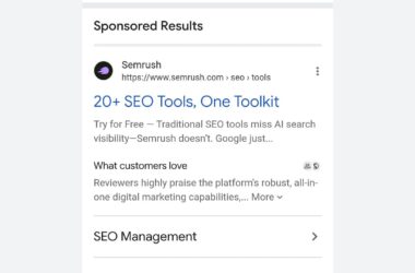 A sponsored search result for Semrush advertising “20+ SEO Tools, One Toolkit” with a brief description and customer review snippet below.