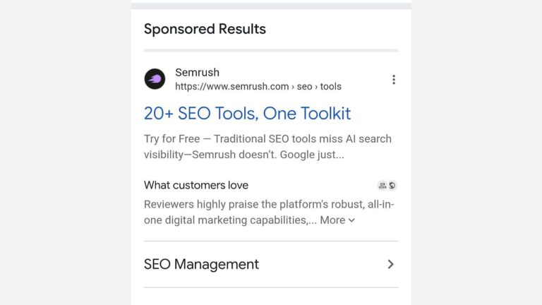 A sponsored search result for Semrush advertising “20+ SEO Tools, One Toolkit” with a brief description and customer review snippet below.