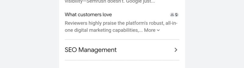 A sponsored search result for Semrush advertising “20+ SEO Tools, One Toolkit” with a brief description and customer review snippet below.