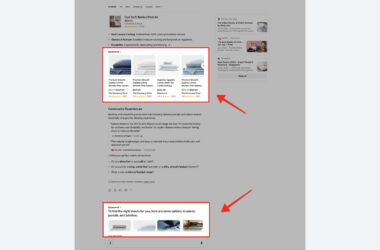 A webpage about bamboo bed sheets shows sponsored ads for sheet sets in various colors and materials at the top and bottom, with product images, ratings, and prices displayed in each ad section.
