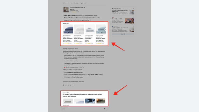 A webpage about bamboo bed sheets shows sponsored ads for sheet sets in various colors and materials at the top and bottom, with product images, ratings, and prices displayed in each ad section.