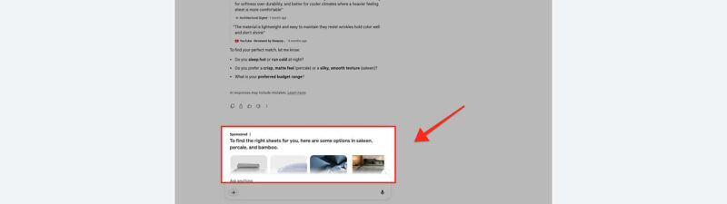 A webpage about bamboo bed sheets shows sponsored ads for sheet sets in various colors and materials at the top and bottom, with product images, ratings, and prices displayed in each ad section.