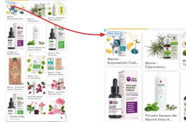 Screenshot of Google Shopping carousel showing Manna skincare products with a red arrow pointing to a featured product tile labeled PRO VAS, demonstrating dynamic remarketing ad layout in Google Display Network