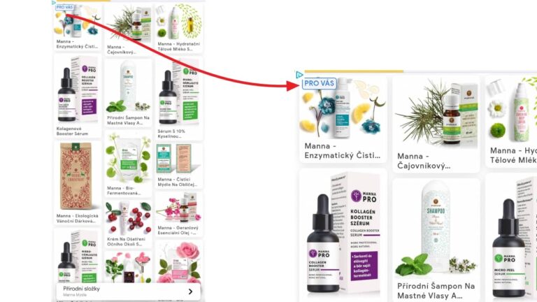 Screenshot of Google Shopping carousel showing Manna skincare products with a red arrow pointing to a featured product tile labeled PRO VAS, demonstrating dynamic remarketing ad layout in Google Display Network