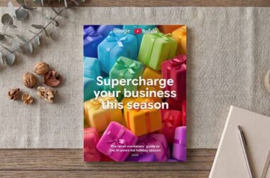 Google and YouTube guide to supercharging your business this holiday season with AI-powered tools for retail marketers in 2026, displayed on colorful gift boxes in a flat lay workspace setting.