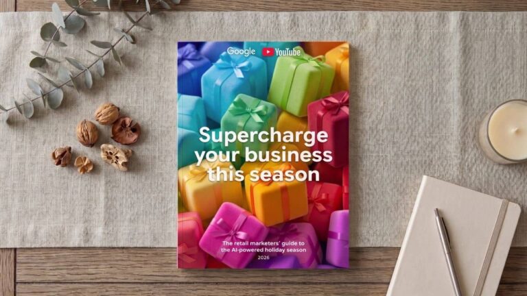 Google and YouTube guide to supercharging your business this holiday season with AI-powered tools for retail marketers in 2026, displayed on colorful gift boxes in a flat lay workspace setting.