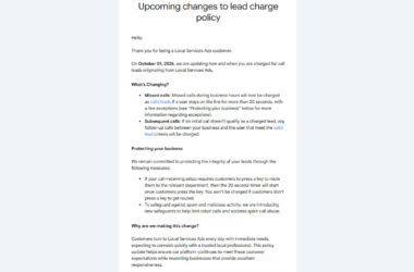 A notice about changes to a lead charge policy, detailing when charges will apply, steps to protect businesses, and reasons for the update, effective October 1, 2026, for Local Services Ads customers.