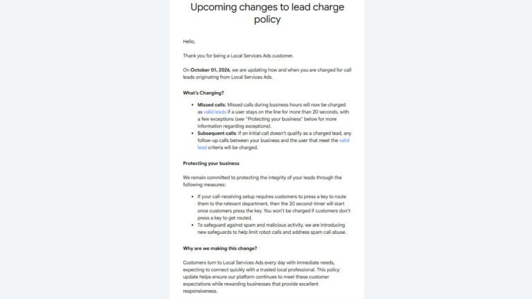 A notice about changes to a lead charge policy, detailing when charges will apply, steps to protect businesses, and reasons for the update, effective October 1, 2026, for Local Services Ads customers.