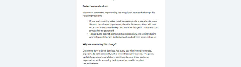 A notice about changes to a lead charge policy, detailing when charges will apply, steps to protect businesses, and reasons for the update, effective October 1, 2026, for Local Services Ads customers.