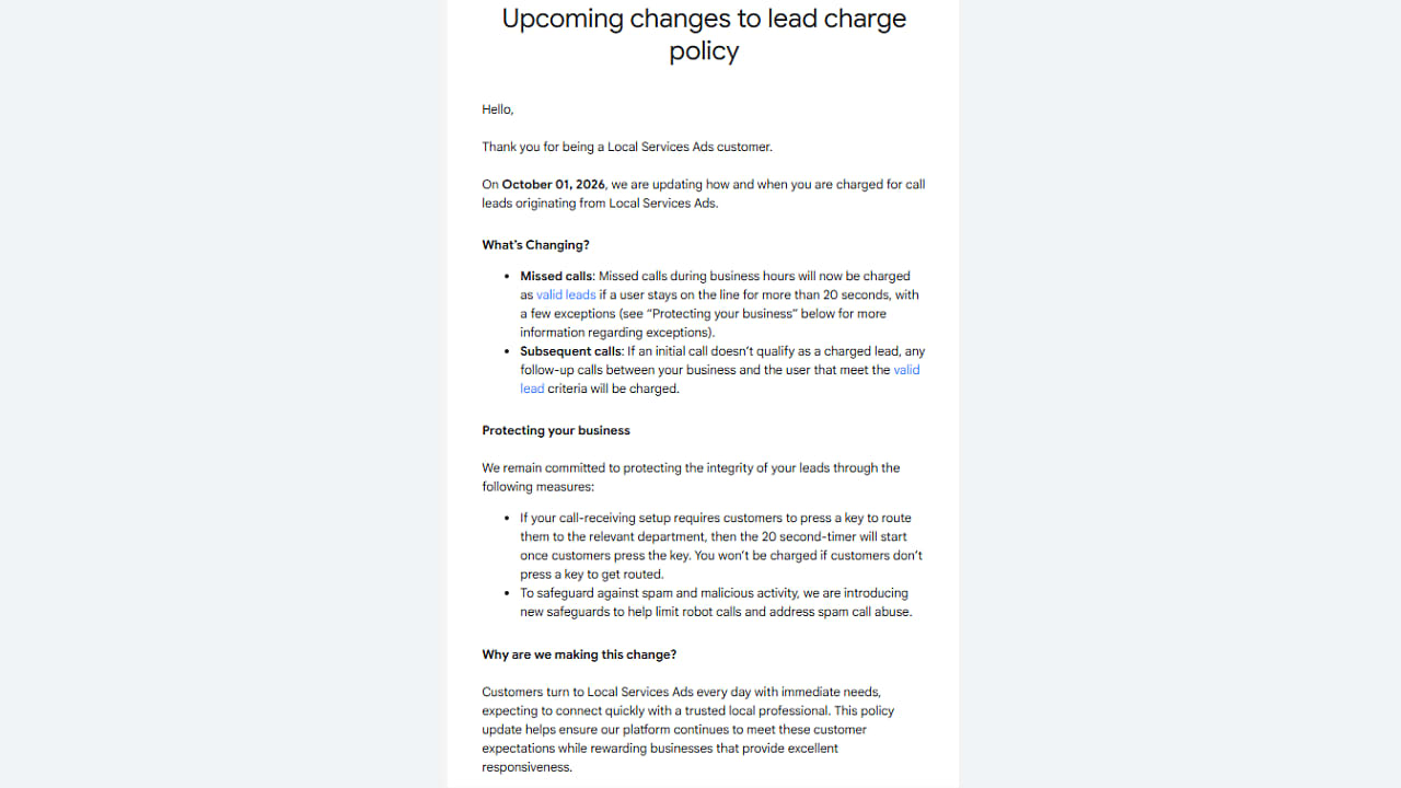 A notice about changes to a lead charge policy, detailing when charges will apply, steps to protect businesses, and reasons for the update, effective October 1, 2026, for Local Services Ads customers.