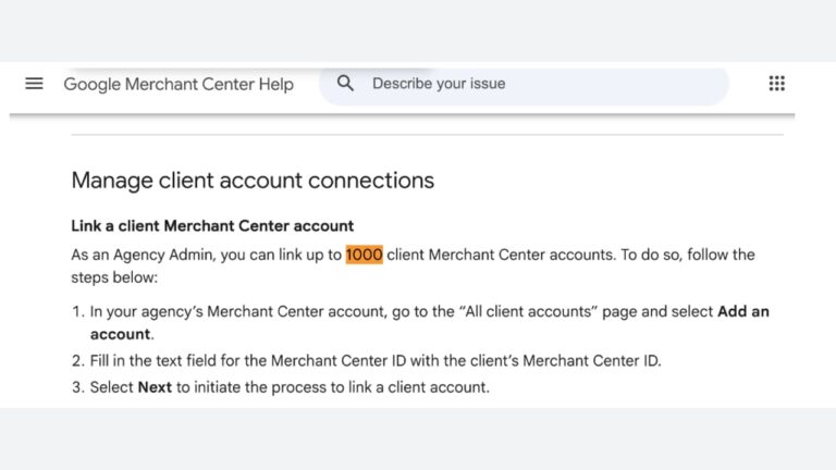 Screenshot of Google Merchant Center Help page showing instructions for linking up to 1,000 client Merchant Center accounts, including steps to add an account and enter a client’s Merchant Center ID.