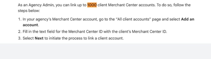 Screenshot of Google Merchant Center Help page showing instructions for linking up to 1,000 client Merchant Center accounts, including steps to add an account and enter a client’s Merchant Center ID.