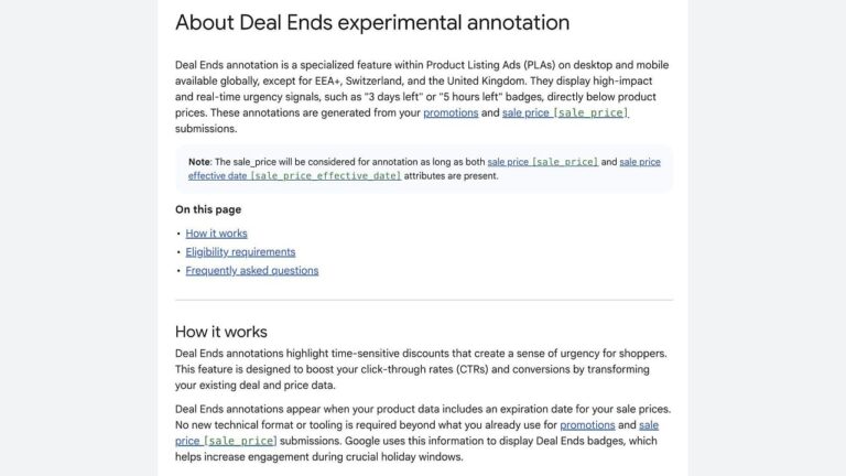 Screenshot of a web page titled “About Deal Ends experimental annotation.” It explains how Deal Ends annotations show time-sensitive discounts on product ads, with sections on how it works, eligibility, and related links.