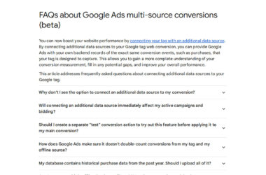 Screenshot of Google Ads multi-source conversions FAQ page showing expandable questions about connecting additional data sources to conversion tracking