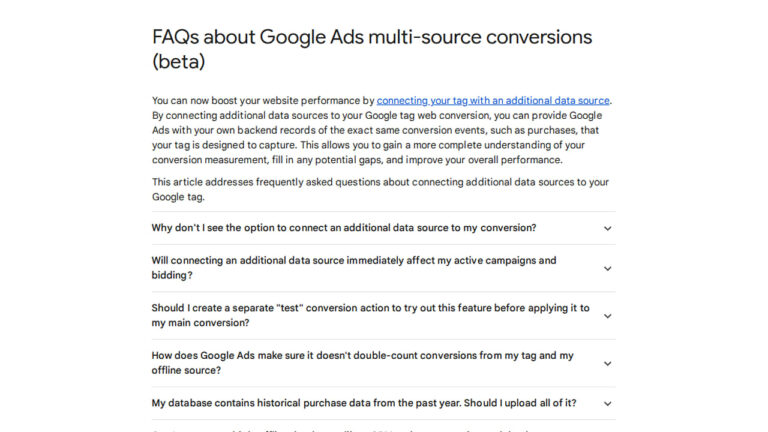 Screenshot of Google Ads multi-source conversions FAQ page showing expandable questions about connecting additional data sources to conversion tracking
