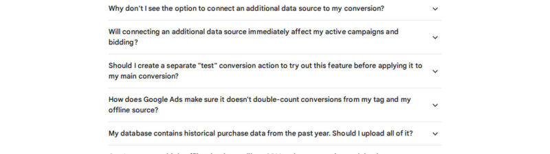 Screenshot of Google Ads multi-source conversions FAQ page showing expandable questions about connecting additional data sources to conversion tracking