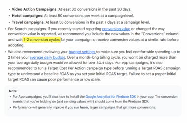 Screenshot of Google Ads conversion threshold requirements for different campaign types including video action, hotel, and travel campaigns, with guidance on conversion cycles and budget settings for Smart Bidding strategies.