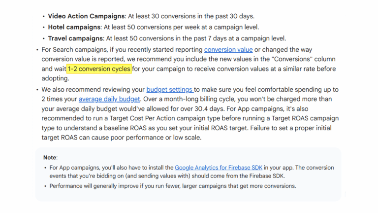 Screenshot of Google Ads conversion threshold requirements for different campaign types including video action, hotel, and travel campaigns, with guidance on conversion cycles and budget settings for Smart Bidding strategies.
