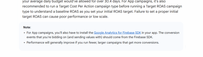 Screenshot of Google Ads conversion threshold requirements for different campaign types including video action, hotel, and travel campaigns, with guidance on conversion cycles and budget settings for Smart Bidding strategies.