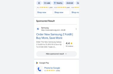 Sponsored search result for the Samsung Galaxy Z Fold8, showing a 4.4-star rating from 5,000 reviews, an offer price of $1,899.99, and a promotion for saving up to $1,000 with a trade-in.