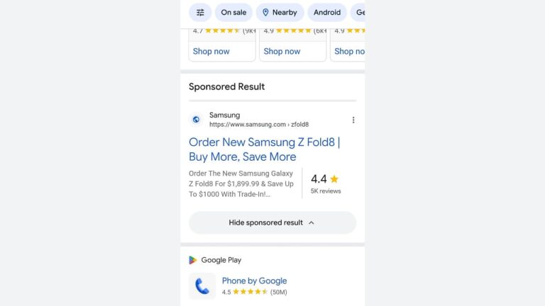 Sponsored search result for the Samsung Galaxy Z Fold8, showing a 4.4-star rating from 5,000 reviews, an offer price of $1,899.99, and a promotion for saving up to $1,000 with a trade-in.