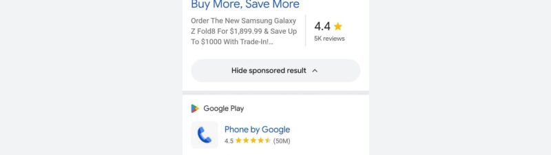 Sponsored search result for the Samsung Galaxy Z Fold8, showing a 4.4-star rating from 5,000 reviews, an offer price of $1,899.99, and a promotion for saving up to $1,000 with a trade-in.
