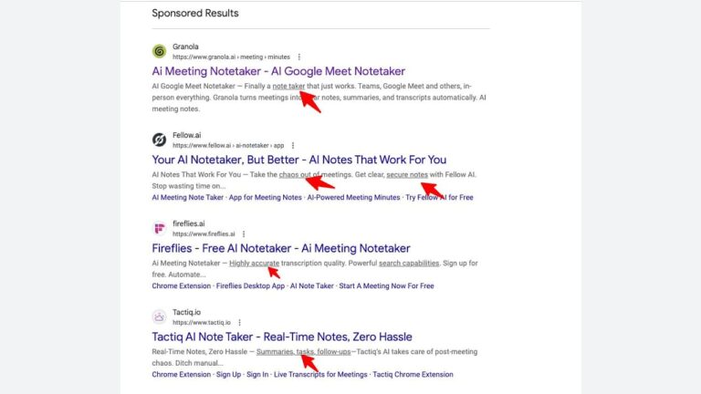 A Google search page shows ads for AI meeting notetaker tools with red arrows pointing at the words “AI Notetaker” in three different search results.
