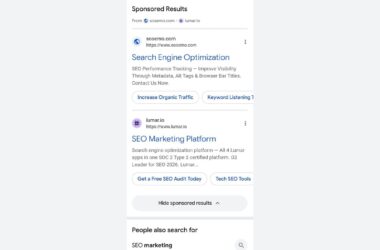 Screenshot of Google search results showing sponsored ads for “sosomo.com” (Search Engine Optimization) and “lumar.io” (SEO Marketing Platform), each with quick action buttons. Below is a “Hide sponsored results” button.