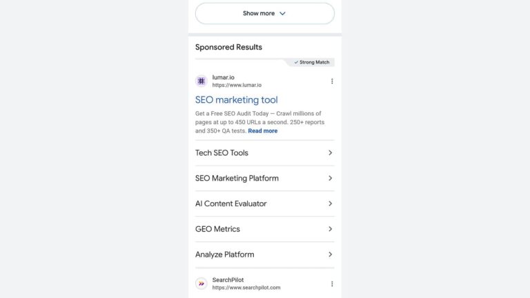 A Google search result shows a sponsored ad for lumar.io, a SEO marketing tool offering free audits. Below are links to Tech SEO Tools, SEO Marketing Platform, AI Content Evaluator, GEO Metrics, and Analyze Platform.